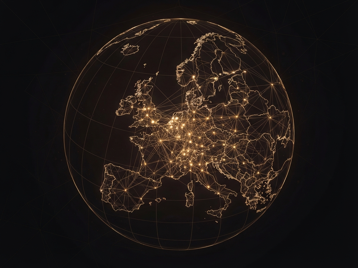 Wireframe network map of European marketplaces